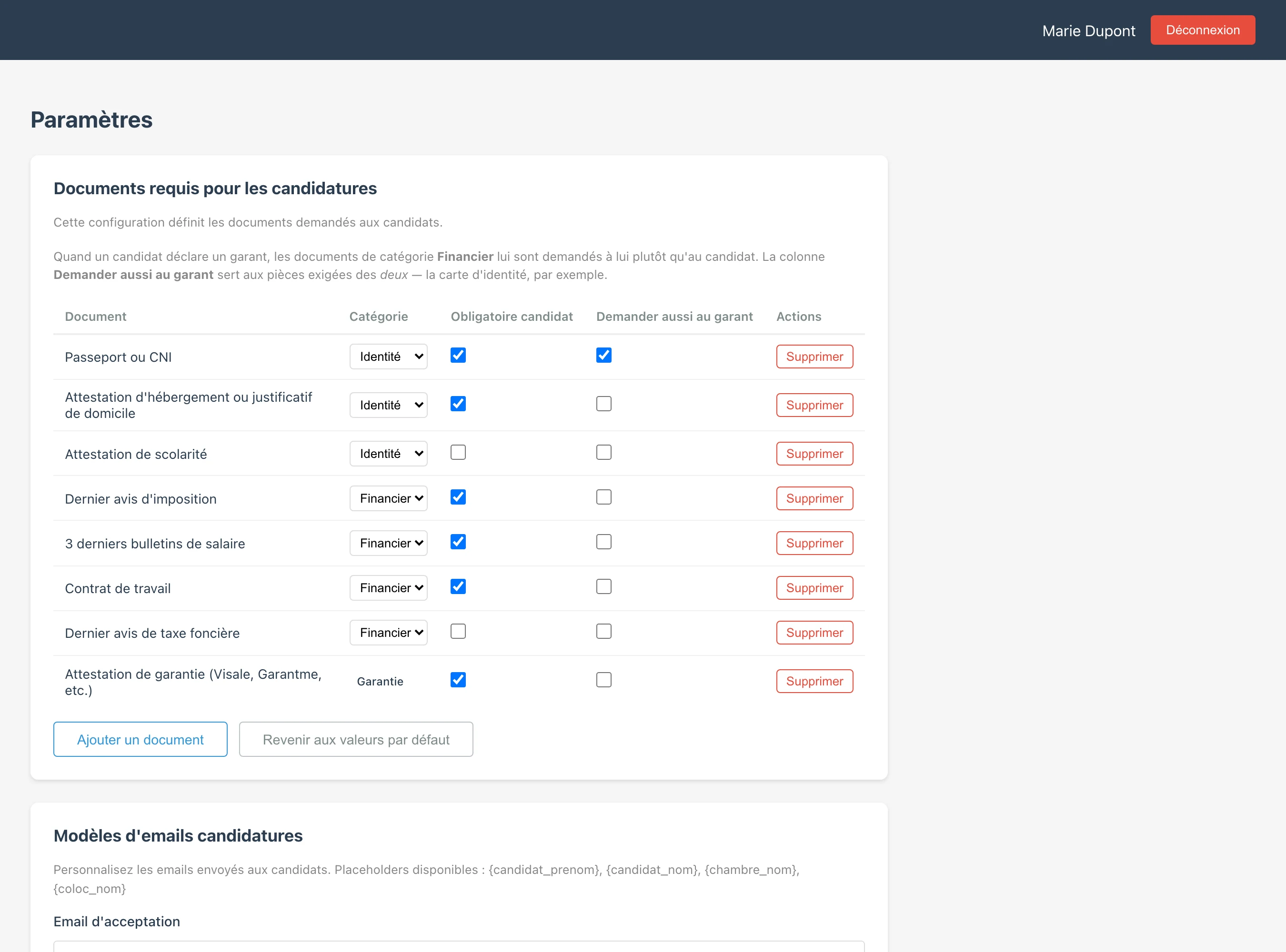 Configuration des pièces demandées aux candidats, dans le back-office